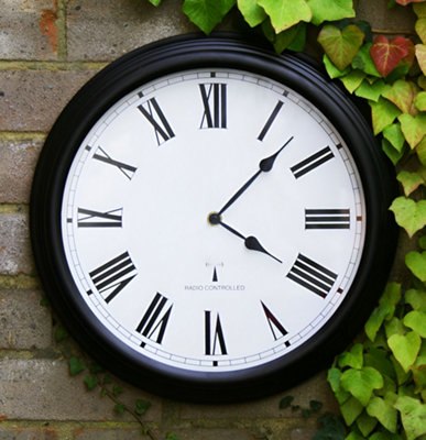 Outdoor Garden Clock Black Perfect Time Radio Controlled 38cm