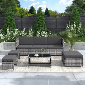 Outdoor Garden Corner Recliner Sofa Set Rattan Patio Furniture with Coffee Table Chairs and Stools