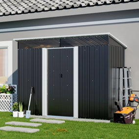 Outdoor Garden Metal Tool Shed Garden Storage Shed with Lockable Sliding Doors and Sloped Roof Design, Charcoal Black 8.5X4ft