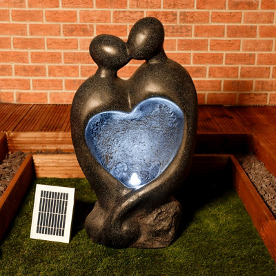 Outdoor Garden Patio Solar Powered Carved Lovers Water Feature With LED Light - Graphite Grey
