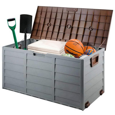 Outdoor Garden Plastic Storage Box Seat Utility Chest Shed Multi Purpose  Handles & Wheels Brown Lid