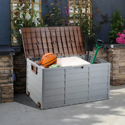 Outdoor Garden Plastic Storage Box Seat Utility Chest Shed Multi Purpose Handles & Wheels Brown Lid