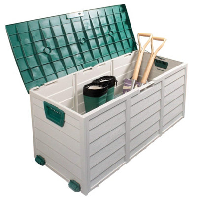 Outdoor Garden Plastic Storage Box Seat Utility Chest Shed Multi Purpose Handles & Wheels Green Lid Gardening Organiser Tools Box