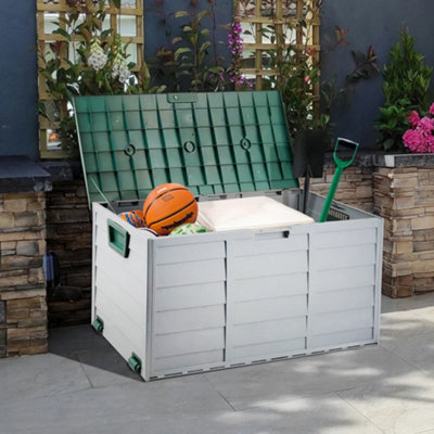 Outdoor Garden Plastic Storage Box Seat Utility Chest Shed Multi Purpose Handles & Wheels Green Lid