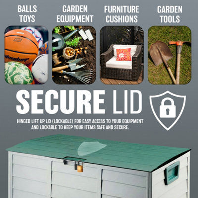 Outdoor Garden Plastic Storage Box Seat Utility Chest Shed Multi Purpose Handles & Wheels Green Lid - 6