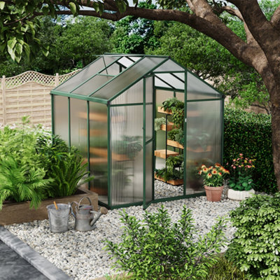 Outdoor Garden Polycarbonate Walk In Greenhouse with Ventilated Window, Green, 6x6ft