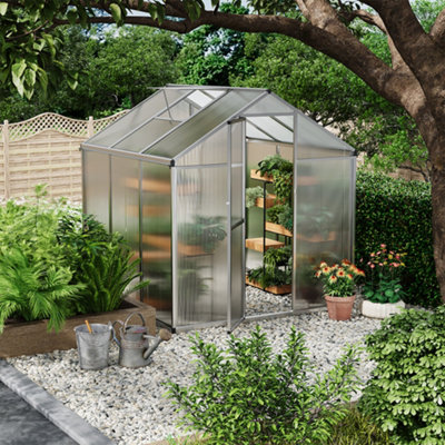 Outdoor Garden Polycarbonate Walk In Greenhouse with Ventilated Window, Sliver, 6x6ft