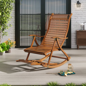 Outdoor & Garden Sunloungers Foldable Adjustable Balcony Wooden Bamboo Rocking Lounge Chair with Retractable Footrest