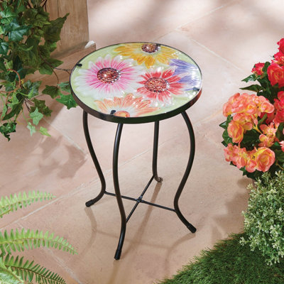 Outdoor Garden Table, Glass Topped Side Table with Cast Iron Frame & Vibrant Flower Design, Decorative Side Table, H39cm, Dia.26cm
