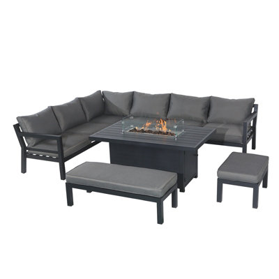 Outdoor Gas Fire Pit Dining Table Set, Garden Corner Sofa Set with Gas
