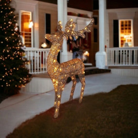 Outdoor Gold LED Christmas Reindeer Decoration - Festive Xmas Sculpture with 80 Warm White LED Lights & Timer - H88 x W50 x D24cm