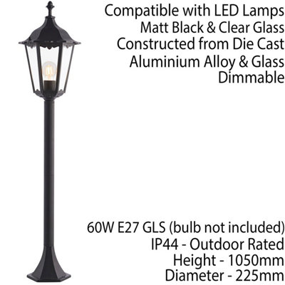 Outdoor Lamp Post Lantern Bollard Light Matt Black & Glass 1m Tall Garden LED