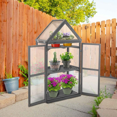 Outdoor Large Grey Wooden Frame Greenhouse Plants Growhouse Openable Roof Doors