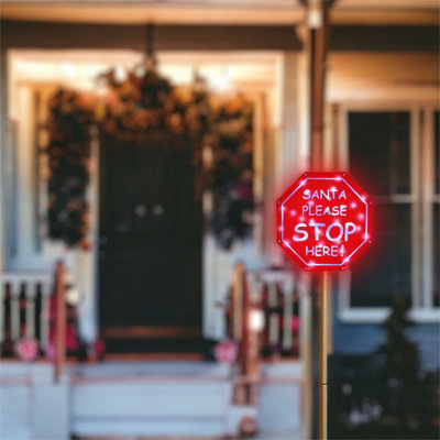 Outdoor LED Festive Christmas Light Up Santa Stop Here Sign with Timer and Battery Operation - 4