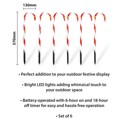 Outdoor LED Light Up Christmas Candy Cane Set of 6 with Timer and Battery Operation