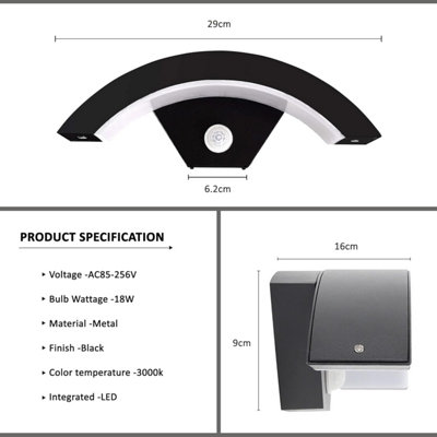 Outdoor LED Wall Light 18W Motion Sensor IP54 Garden Porch Patio 2 Pack ...