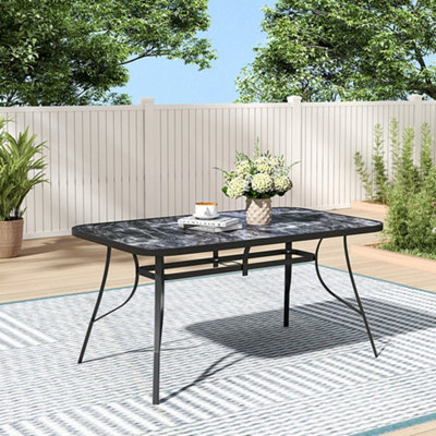 Outdoor Marble Rectangle Table with Metal Steel Frame and 5.1cm Umbrella Hole for Garden 150 x 90cm