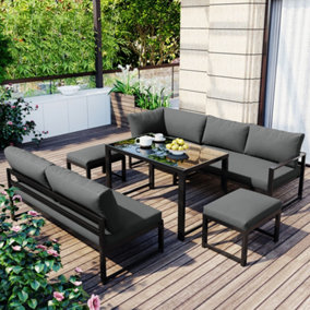 Outdoor Patio Garden Furniture Sofa Set with Reclining Seat Stools and Table