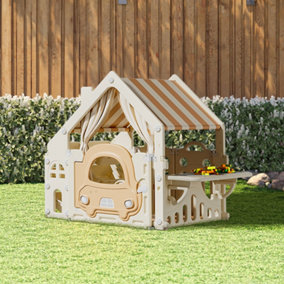 Outdoor Plastic Playhouse for Kids Garden Pretend Play Games with Built In Storage Rack and Building Block Table
