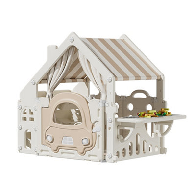 Outdoor Plastic Playhouse for Kids Garden Pretend Play Games with Built In Storage Rack and Building