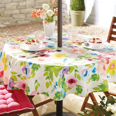 Outdoor PVC Tablecloth - Home or Garden Dining Table Cover, Spill & Scratch Protection - Round, 135cm Diameter, Watercolour Floral