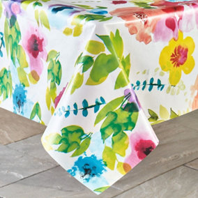 Outdoor PVC Tablecloth - Home or Garden Dining Table Cover, Spill & Scratch Protection - Square, 137 x 137cm, Watercolour Floral