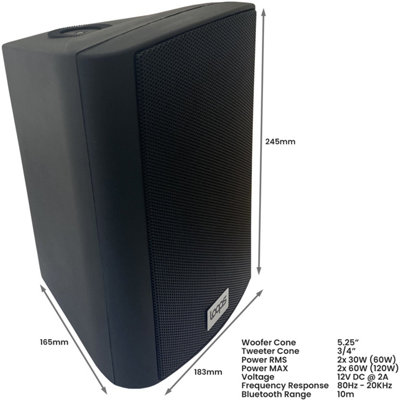 Outdoor Rated Active Bluetooth Wall Speakers - 120W 5.25" IP56 - Black Wireless Garden Music