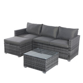 Outdoor Rattan Corner Sofa, 3 Piece L-Shaped Rattan Garden Furniture Lounge Set with Glass Table, Soft Cushion - Gray