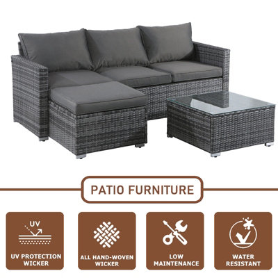 Outdoor Rattan Corner Sofa, 3 Piece L-Shaped Rattan Garden Furniture Lounge Set with Glass Table, Soft Cushion - Gray
