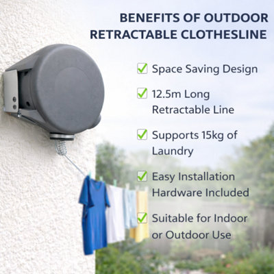 Outdoor Retractable Clothes Line 15m Heavy Duty Washing Line with Pins ...