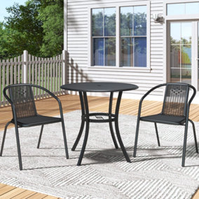 Outdoor Round Table Garden Metal Slatted Coffee Table with Two Rattan Chairs in Black