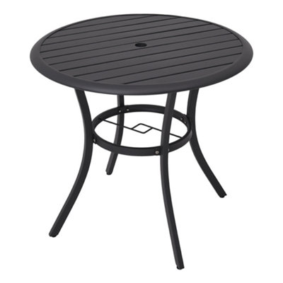 Outdoor Round Table Garden Metal Slatted Coffee Table with Two Rattan ...