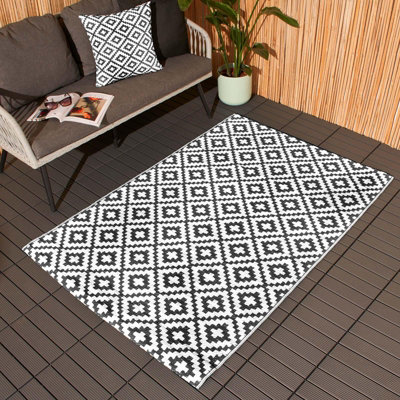 Outdoor Rug Garden Geometric  Waterproof Area Mat, Black White - 120 x 170cm