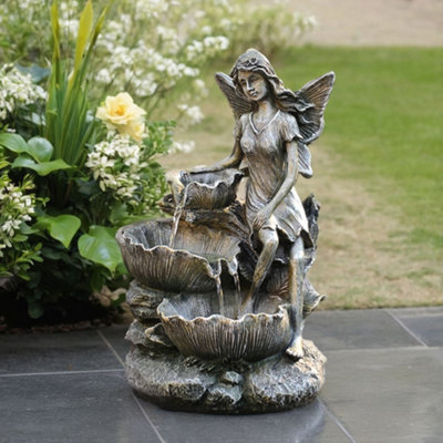 Outdoor Solar Powered Fairy Cascading Water Feature Garden Layered LED Fountain Outdoor Ornament Statue Fountain