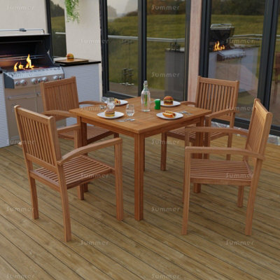Outdoor Teak 5 Piece Dining Set with 4 Stacking Chairs and Square Table ...