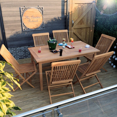 Outdoor Teak 7 Piece Dining Set with 6 Folding Chairs and Rectangular ...