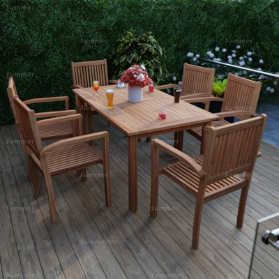 Outdoor Teak 7 Piece Dining Set with 6 Stacking Chairs and Rectangular ...