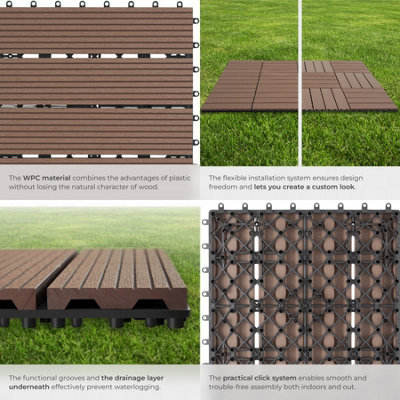 Outdoor Tiles Tegulas - 11-piece set with click system, wood look - brown