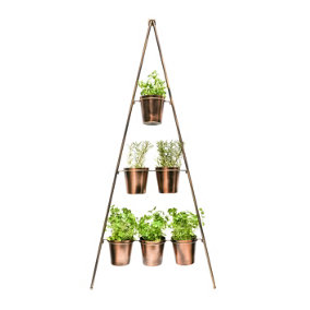 Outdoor Vertical Gold Metal Wall Plant Stand with Planters  H148Cm W69Cm Planter Size External Diam 14Cm