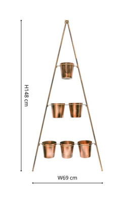 Outdoor Vertical Gold Metal Wall Plant Stand with Planters  H148Cm W69Cm Planter Size External Diam 14Cm