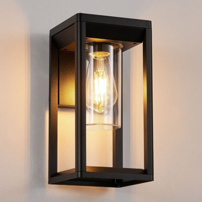 Outdoor Wall Light Lantern Mains Powered, Black Aluminum, Outside Wall Lamp with Clear Shade, Security Lights for Porch Front Door