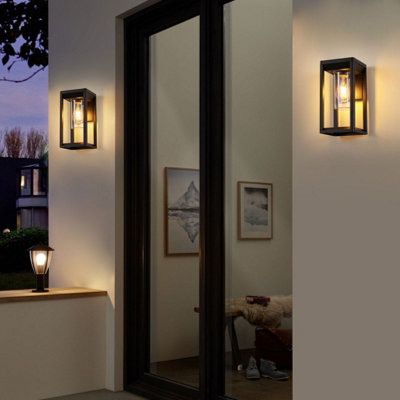 Outdoor Wall Light Lantern Mains Powered, Black Aluminum, Outside Wall Lamp with Clear Shade, Security Lights for Porch Front Door