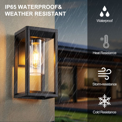 Outdoor Wall Light Lantern Mains Powered, Black Aluminum, Outside Wall Lamp with Clear Shade, Security Lights for Porch Front Door