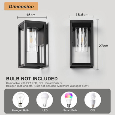 Outdoor Wall Light Lantern Mains Powered, Black Aluminum, Outside Wall Lamp with Clear Shade, Security Lights for Porch Front Door
