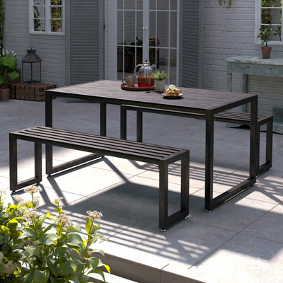 Outdoor Wooden and Metallic Garden Dining Set Coffee Table and Benches Set with Umbrella Hole 150cm