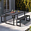 Outdoor Wooden and Metallic Garden Dining Set Coffee Table and Benches Set with Umbrella Hole 150cm