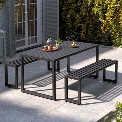Outdoor Wooden and Metallic Garden Dining Set Coffee Table and Benches Set with Umbrella Hole 150cm