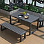 Outdoor Wooden and Metallic Garden Dining Set Coffee Table and Benches Set with Umbrella Hole 150cm