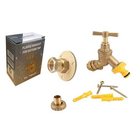Outside 1/2'' Double Check Garden Tap with Through The Wall Flange Bracket Set for 15mm Copper Or 15mm Plastic Pipe