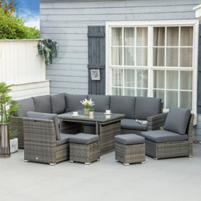 Outsunny 10-Seater Sofa Sectional W/ Cushioned Seat, Footstools and Glass Table